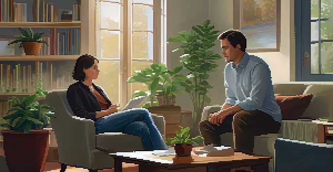 A counselor listening empathetically to a distressed young man in a cozy, softly lit room.