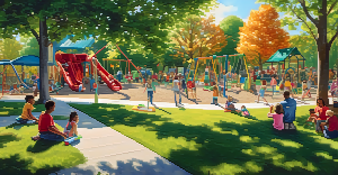 A lively park filled with children playing on swings and slides, families having picnics, and an artist painting a mural, all under a bright sun.