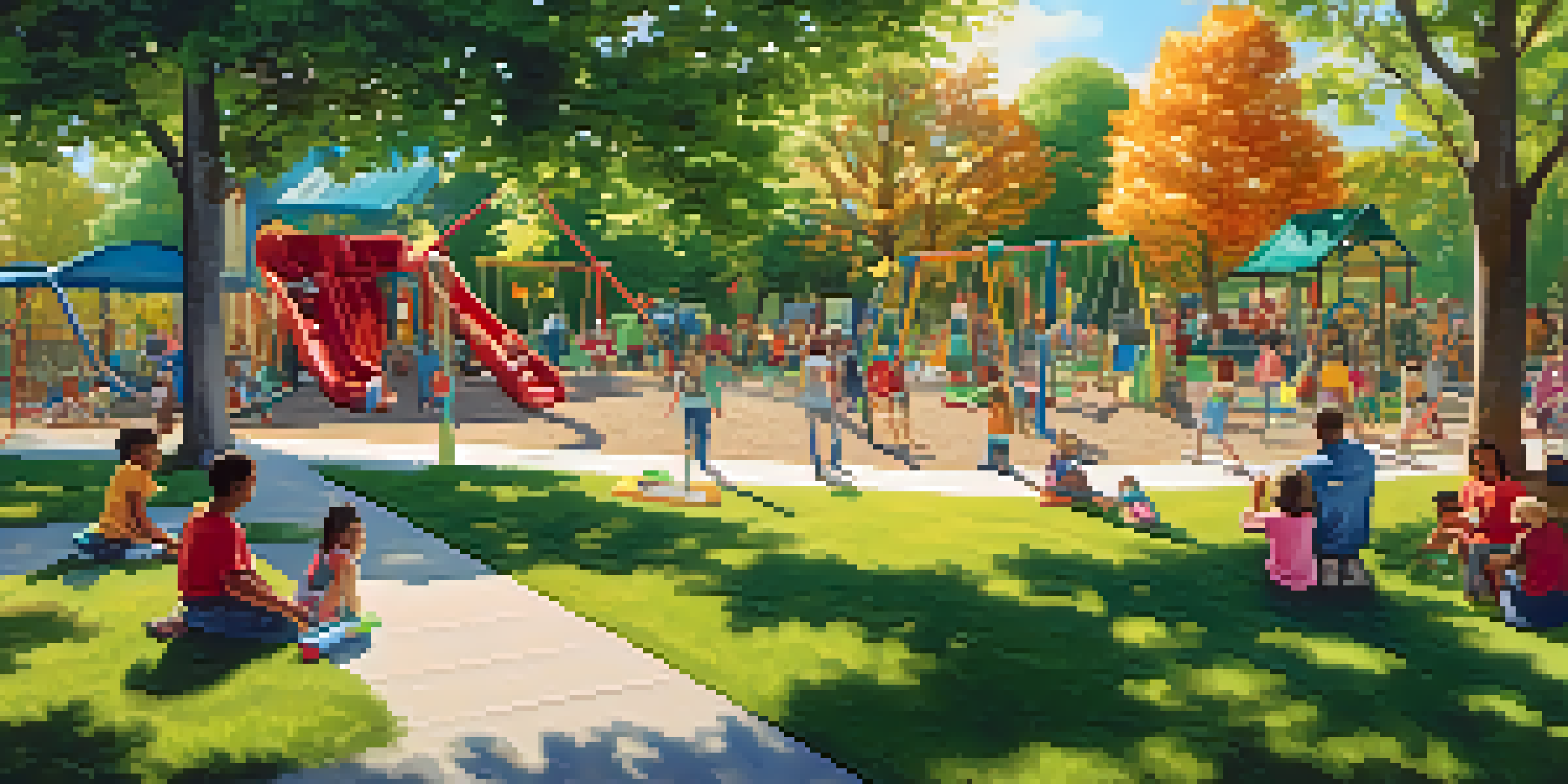 A lively park filled with children playing on swings and slides, families having picnics, and an artist painting a mural, all under a bright sun.