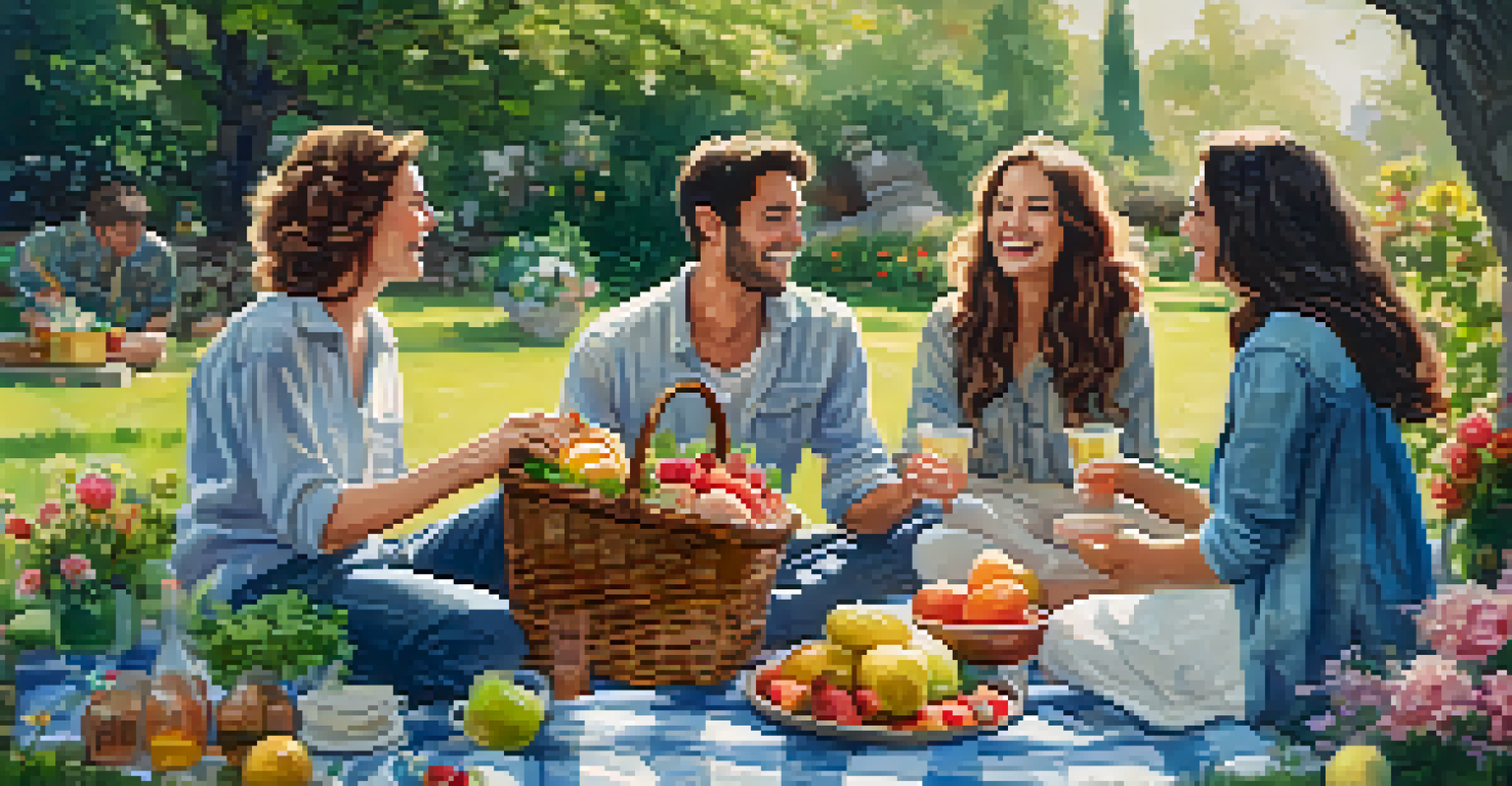 A group of friends enjoying a picnic in a colorful garden, filled with flowers and lush greenery.