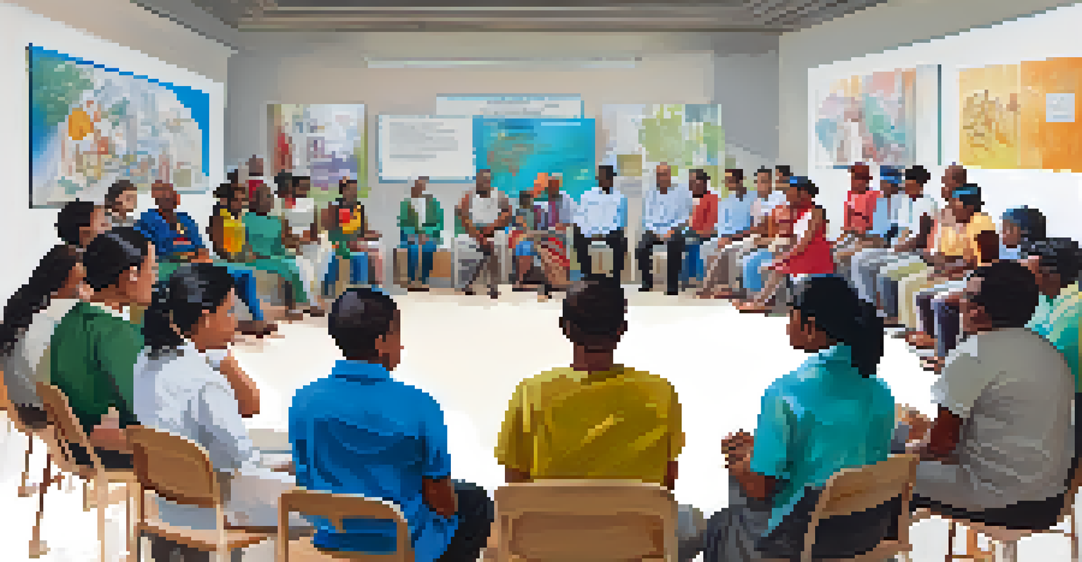 A diverse group of participants attending an educational workshop, listening to a community health worker in a bright room.