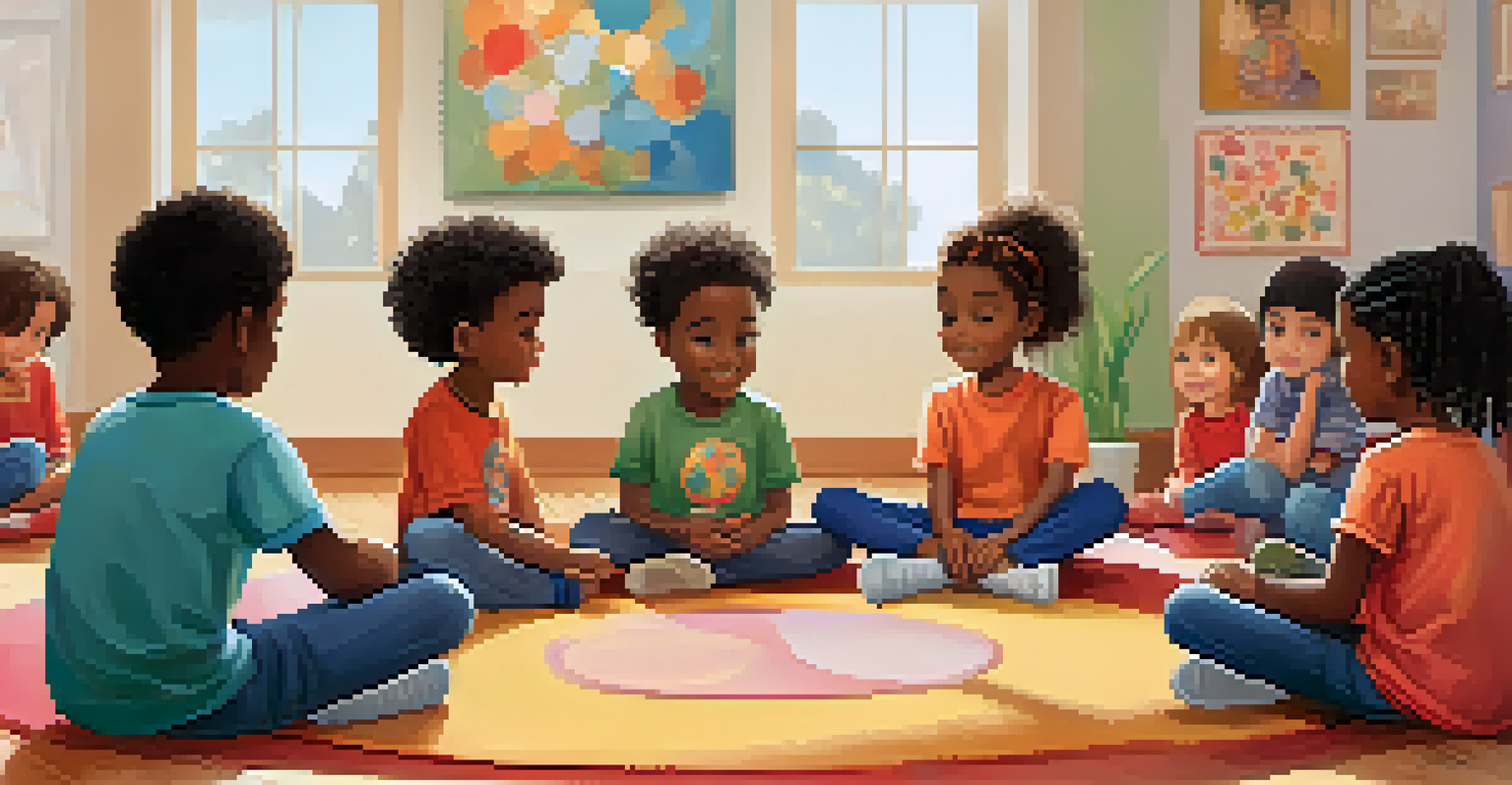 Children sitting in a circle during a therapeutic group session, sharing feelings in a warm and inviting room.