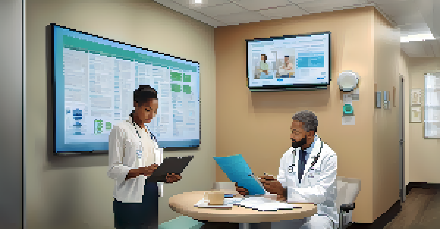 A healthcare professional discussing family health history with a patient in a clinic, with a digital tablet showing a family health tree.