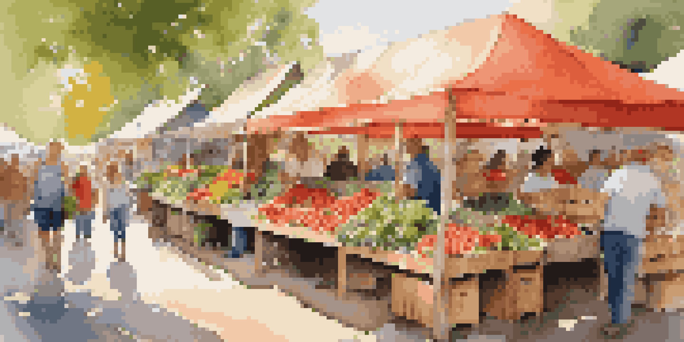 A lively farmers' market filled with colorful fresh produce and smiling vendors under warm sunlight.