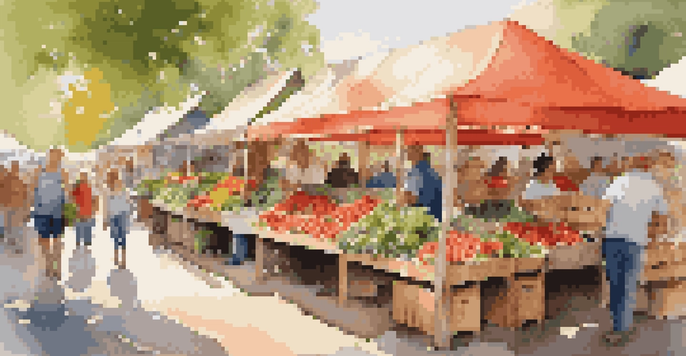 A lively farmers' market filled with colorful fresh produce and smiling vendors under warm sunlight.