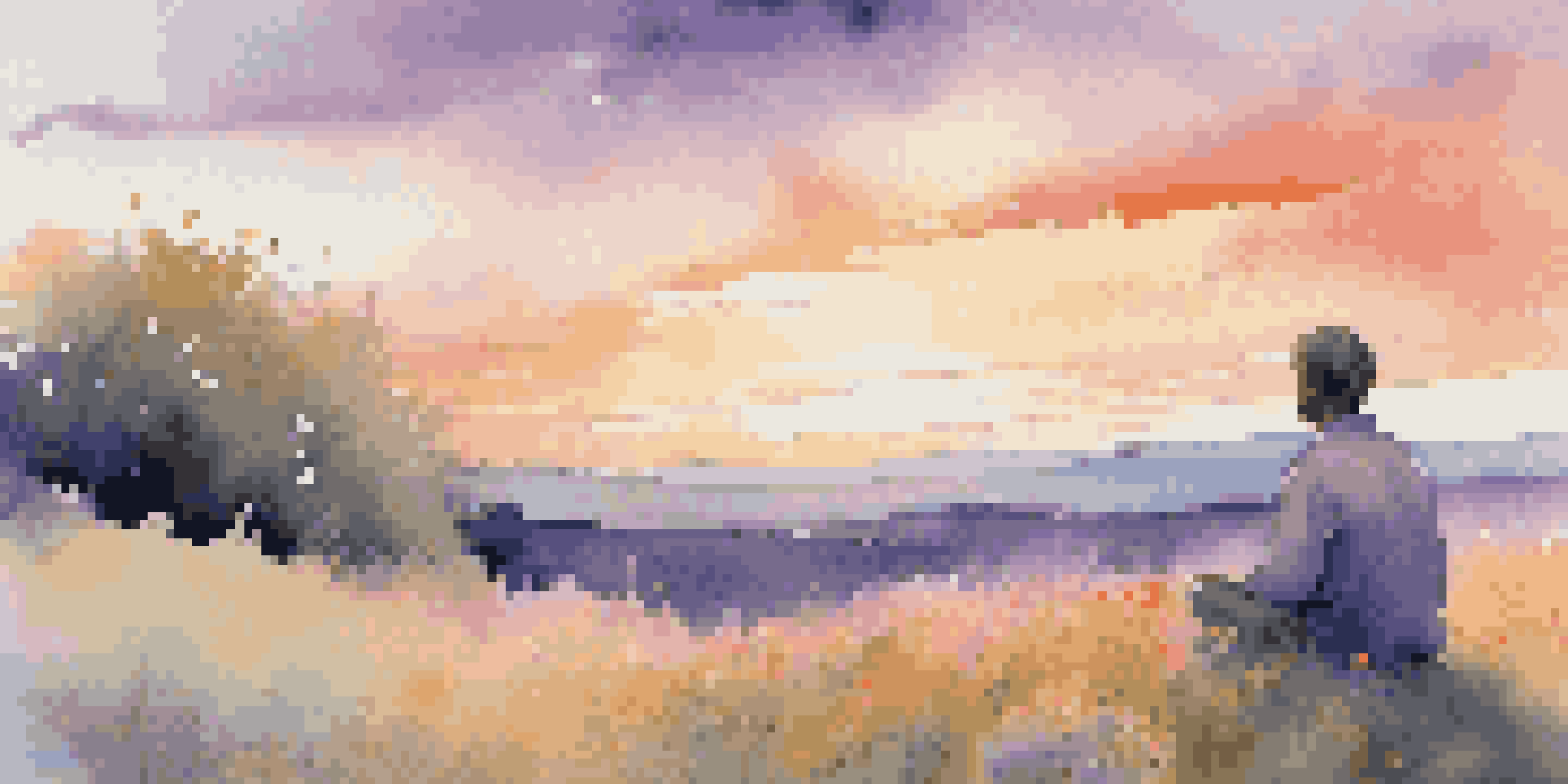 A person meditating on a grassy hill at sunset, surrounded by wildflowers and a colorful sky.