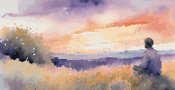 A person meditating on a grassy hill at sunset, surrounded by wildflowers and a colorful sky.