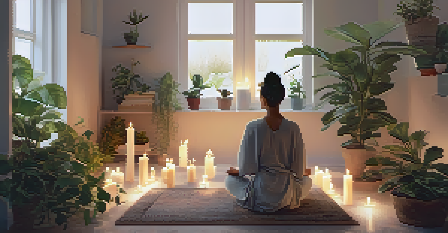 A person meditating in a softly lit room decorated with plants and candles, illustrating the practice of mindfulness to improve sleep quality and emotional health.