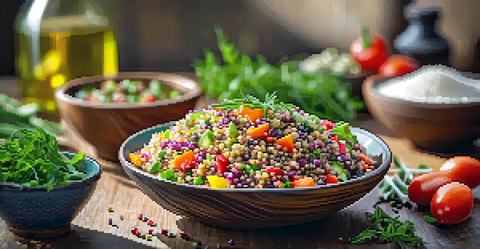 A close-up view of a colorful quinoa salad with fresh herbs and vegetables on a wooden table, enhanced by sunlight showcasing its textures.