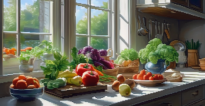 A bright kitchen table filled with fresh vegetables, fruits, and herbs, illuminated by natural light.