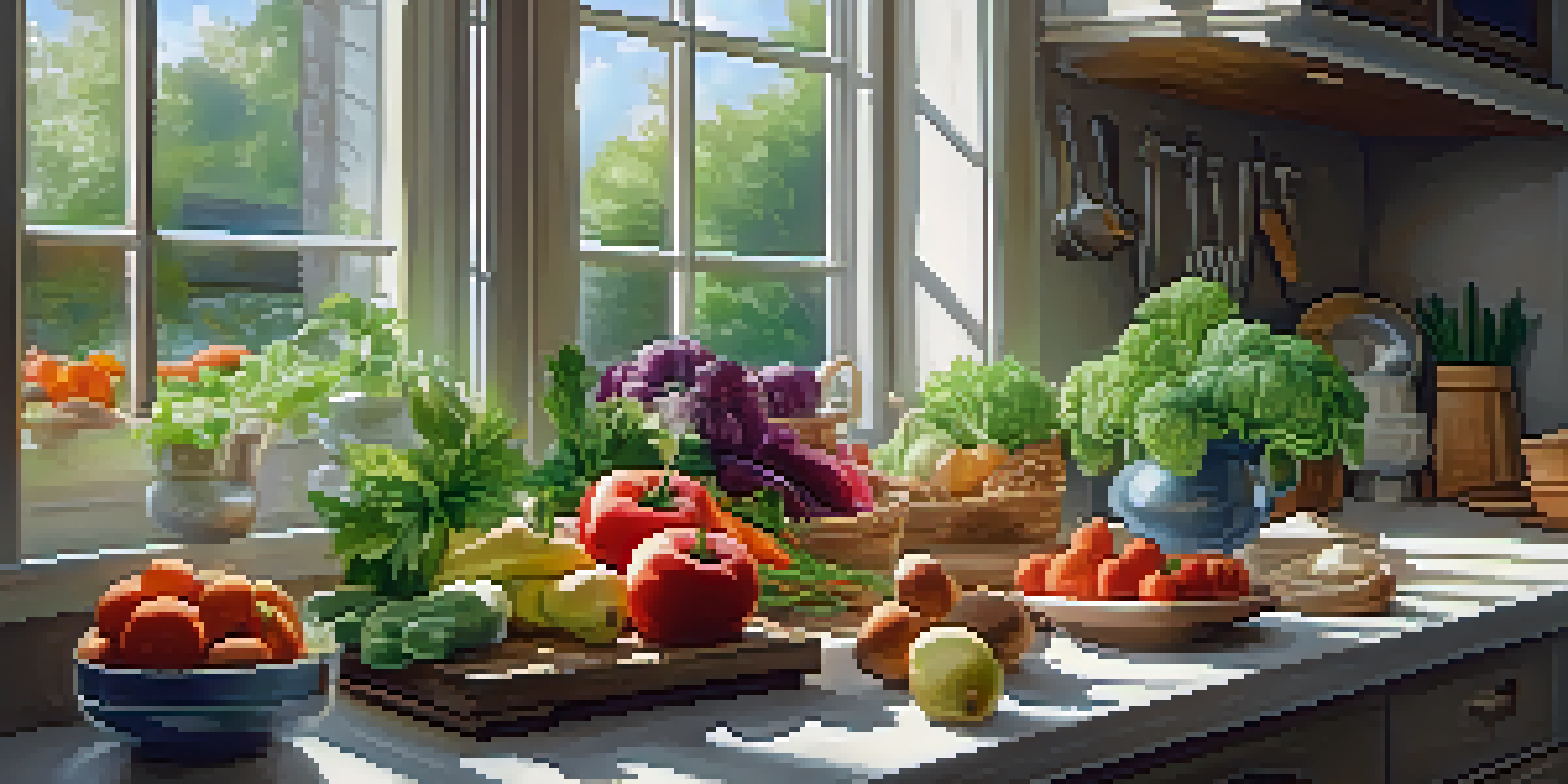 A bright kitchen table filled with fresh vegetables, fruits, and herbs, illuminated by natural light.