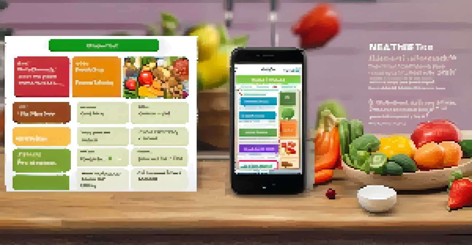 A smartphone displaying a nutrition app with meal planning features surrounded by fresh fruits and vegetables.