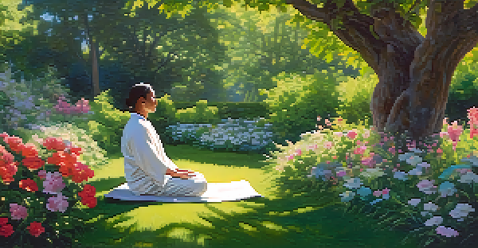 A person meditating in a peaceful garden, surrounded by colorful flowers and greenery, with sunlight filtering through the trees.