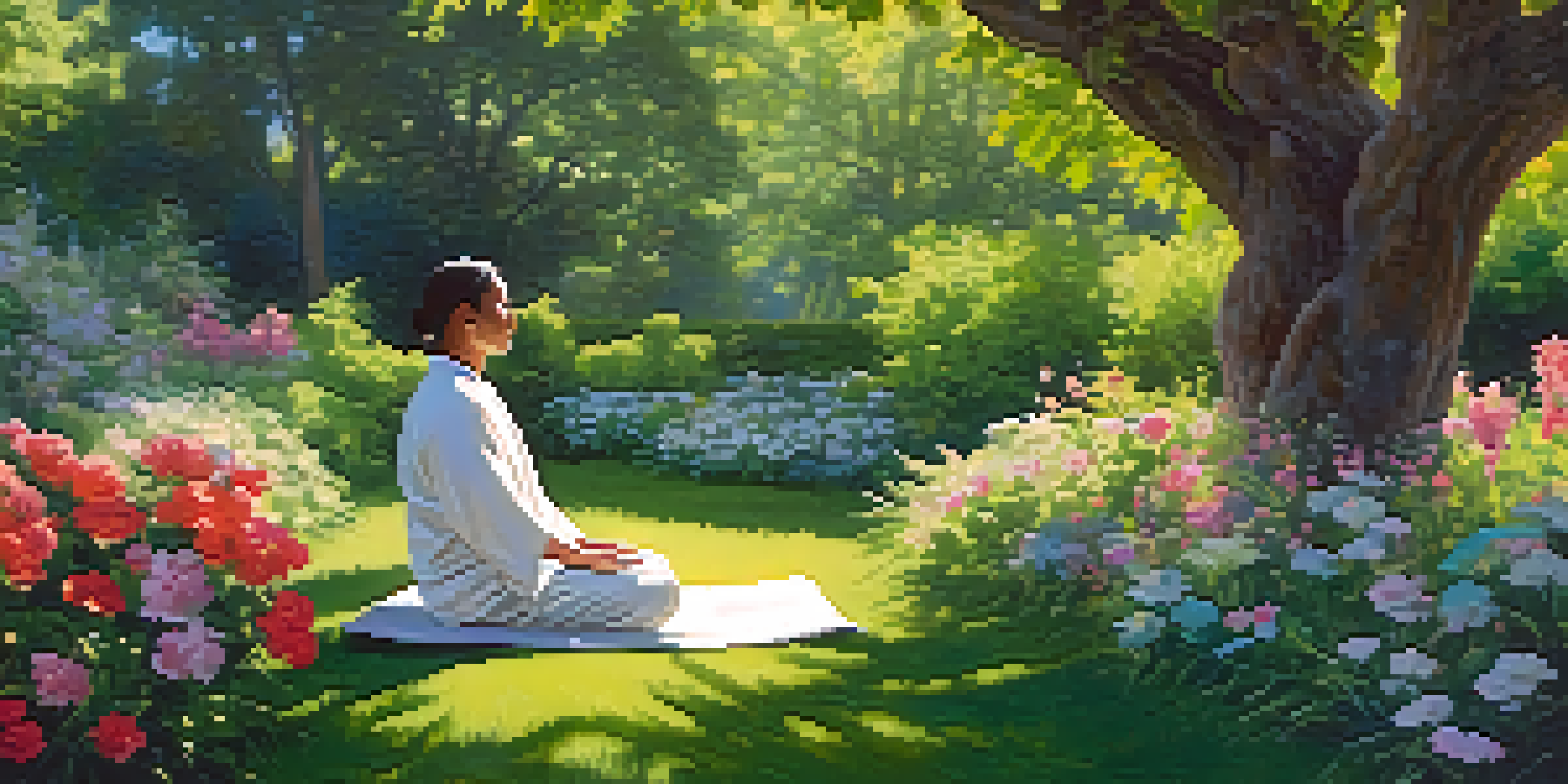 A person meditating in a peaceful garden, surrounded by colorful flowers and greenery, with sunlight filtering through the trees.