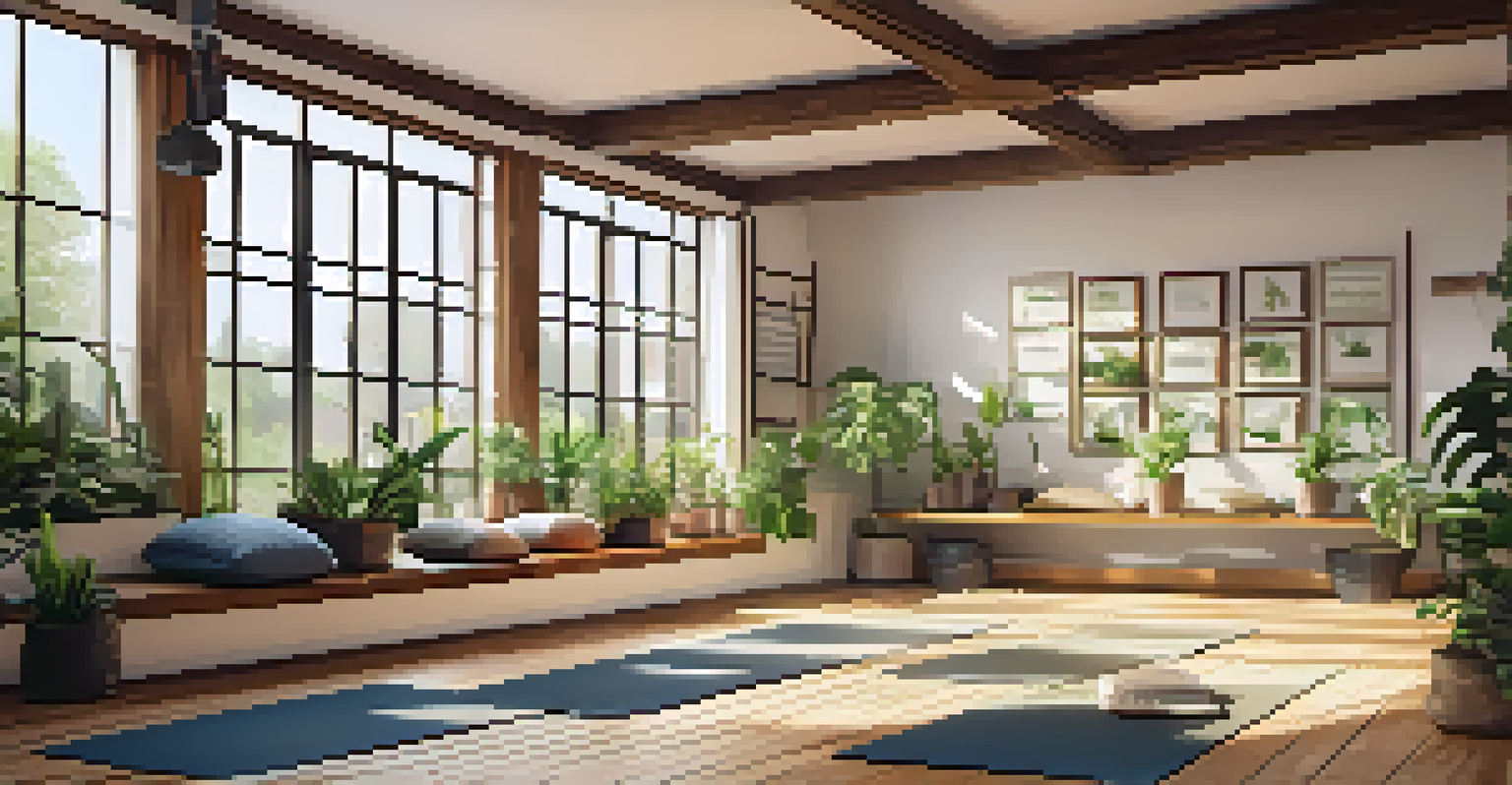 A cozy yoga studio with natural light, wooden floors, and indoor plants, ready for a yoga class.