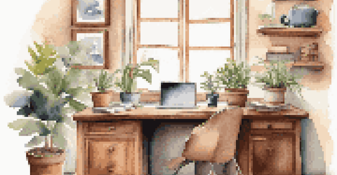 A cozy home office with a desk, laptop, tea, and a plant, illuminated by natural light.