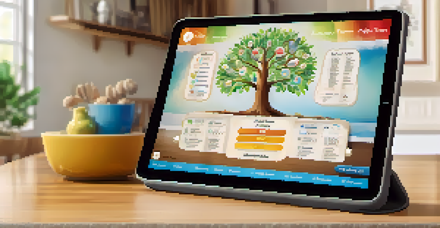 A digital tablet showing a family health history app with a colorful family tree, placed in a cozy living room.