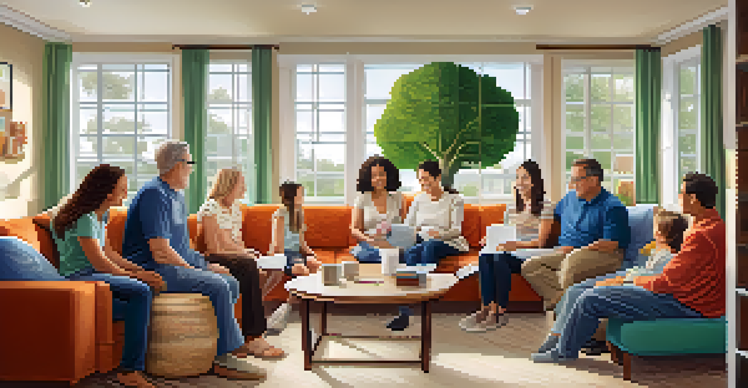Family members gathered in a living room, discussing and documenting their health history on a family tree diagram.