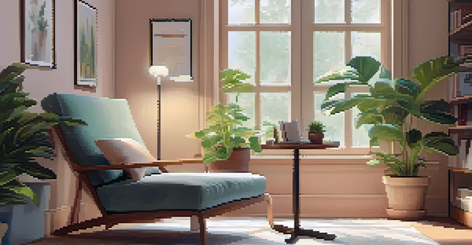 A peaceful workspace with a cozy reading nook, comfortable chair, and soft lighting, ideal for taking restorative breaks.