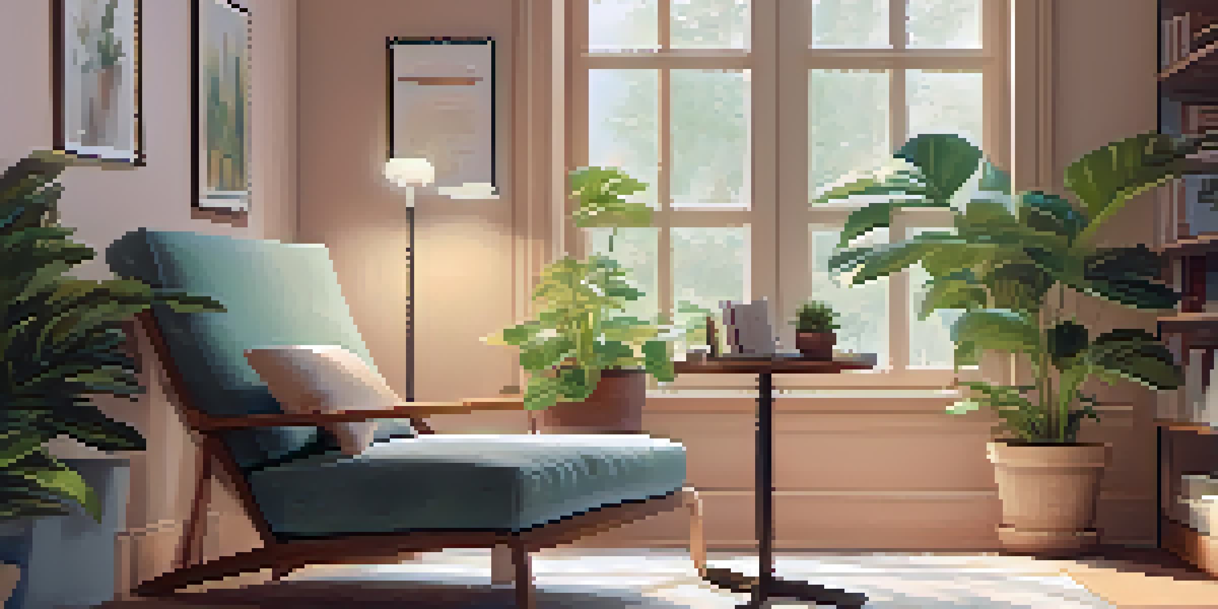 A peaceful workspace with a cozy reading nook, comfortable chair, and soft lighting, ideal for taking restorative breaks.