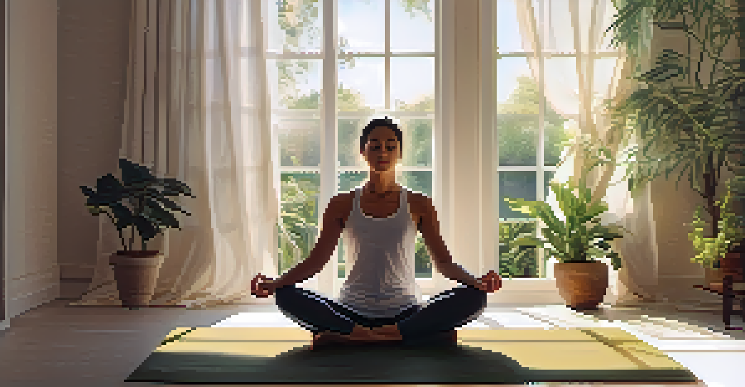 A person meditating in a calming room filled with plants and soft lighting, promoting relaxation and tranquility.