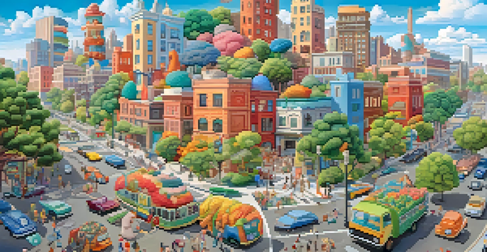 An artistic representation of a healthy gut microbiome as a colorful city filled with microorganisms designed like buildings and trees, under a clear blue sky.
