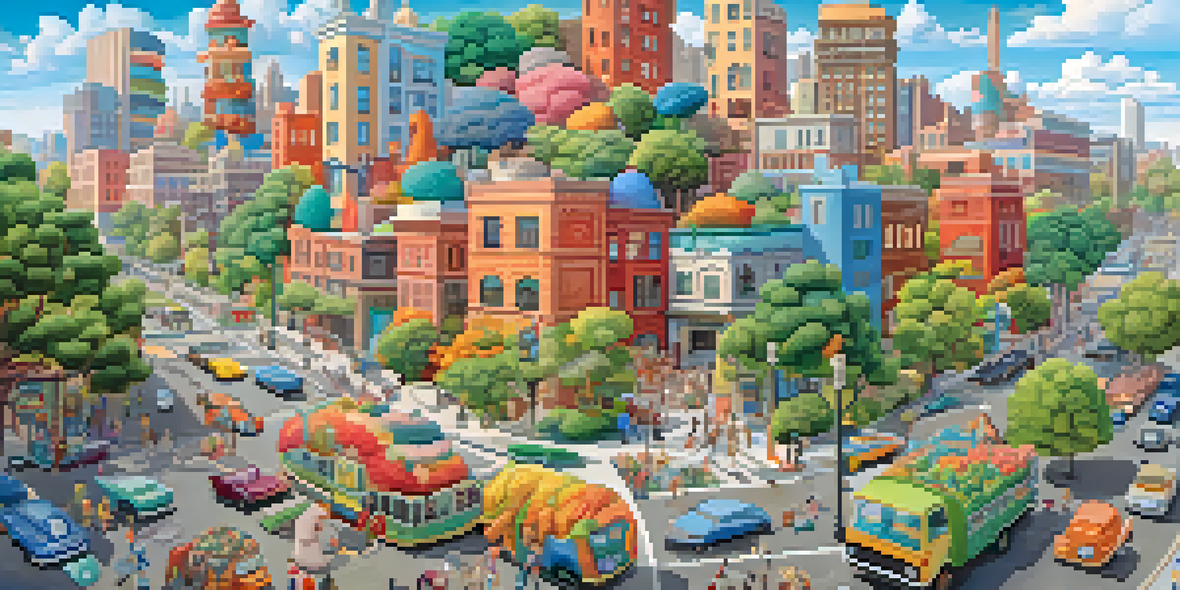 An artistic representation of a healthy gut microbiome as a colorful city filled with microorganisms designed like buildings and trees, under a clear blue sky.