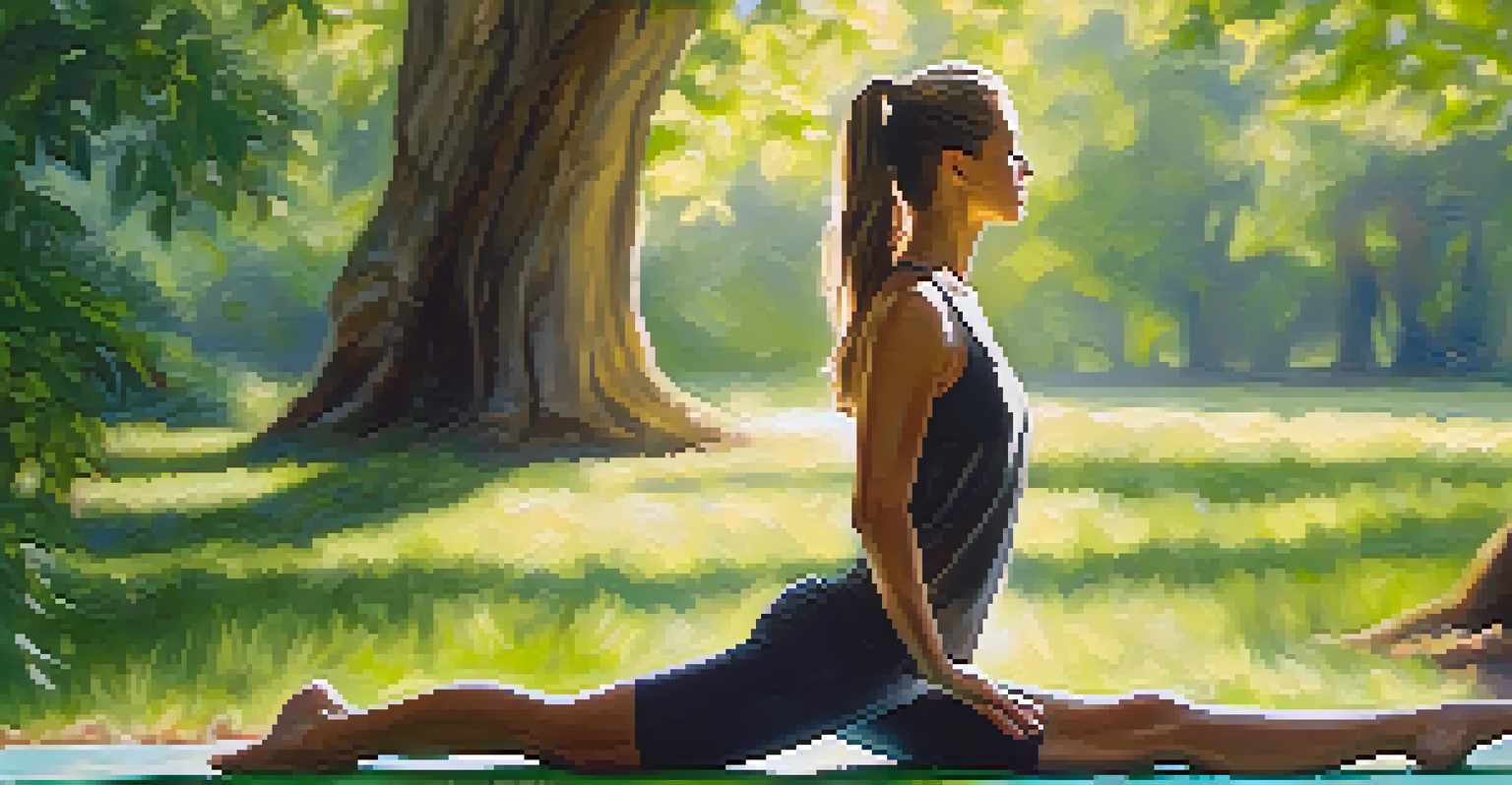 A woman practicing yoga in a sunny park surrounded by greenery, her skin glowing, showcasing the benefits of exercise on skin health.