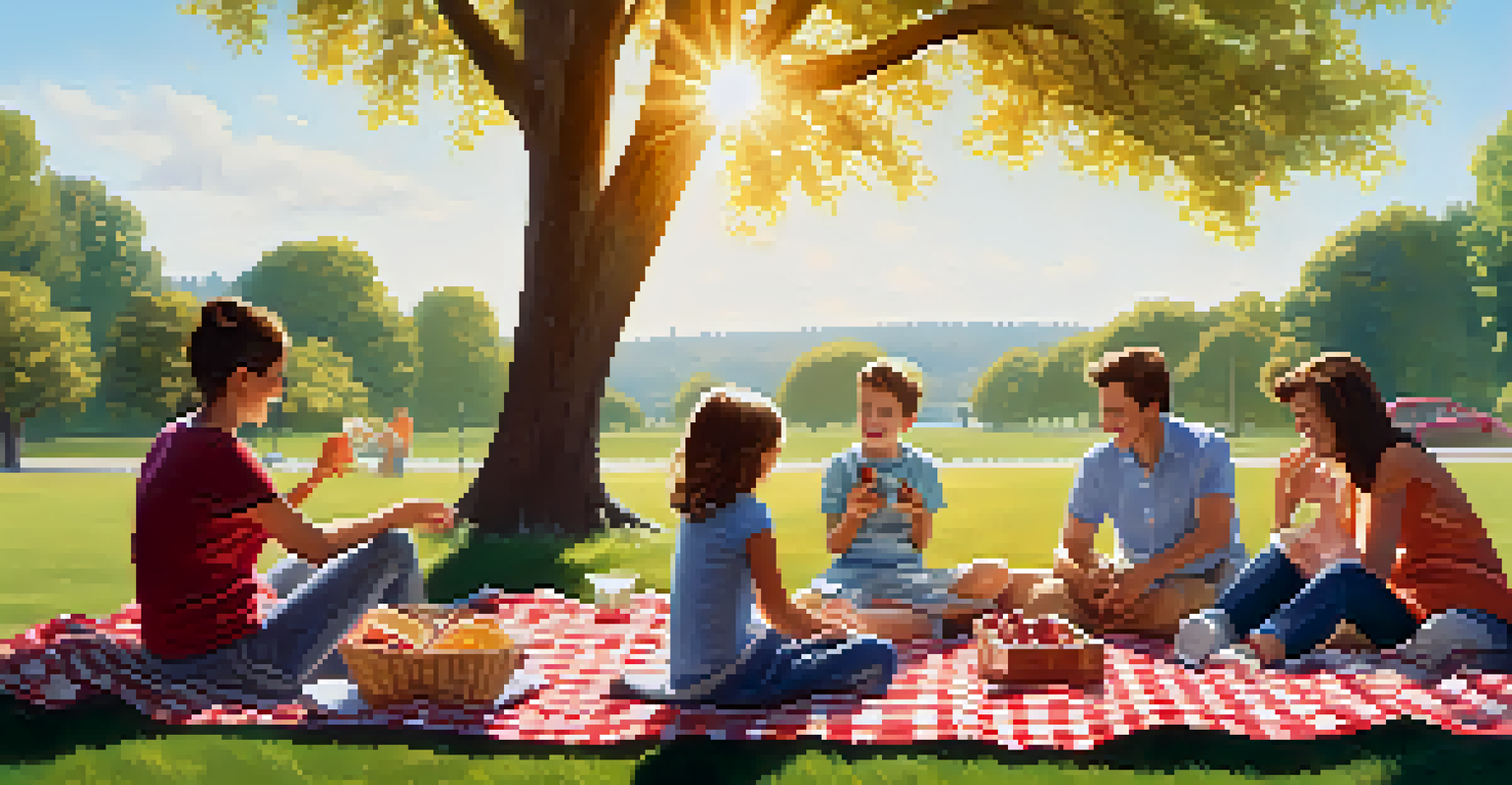 A cheerful outdoor family picnic scene with a checkered blanket, family members playing games, and enjoying snacks under the sunny sky.