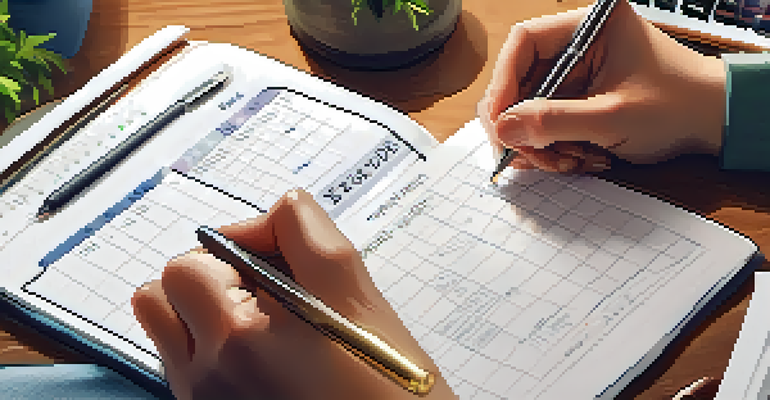 Close-up of hands writing in a planner with a calculator and coins in the background, highlighting financial planning.