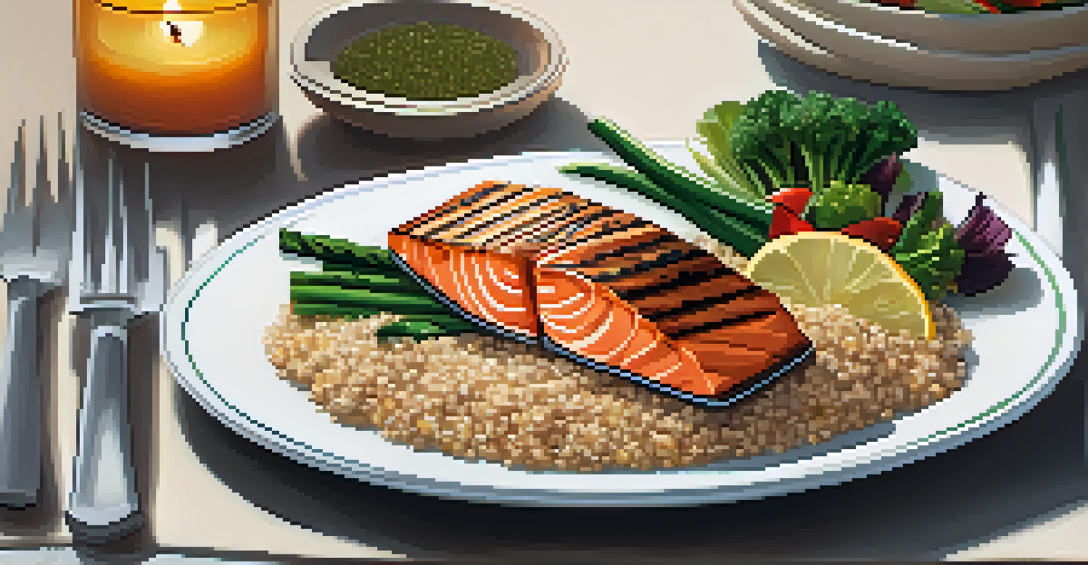 A dining table set with a plated meal of grilled salmon and vegetables, surrounded by soft candlelight.