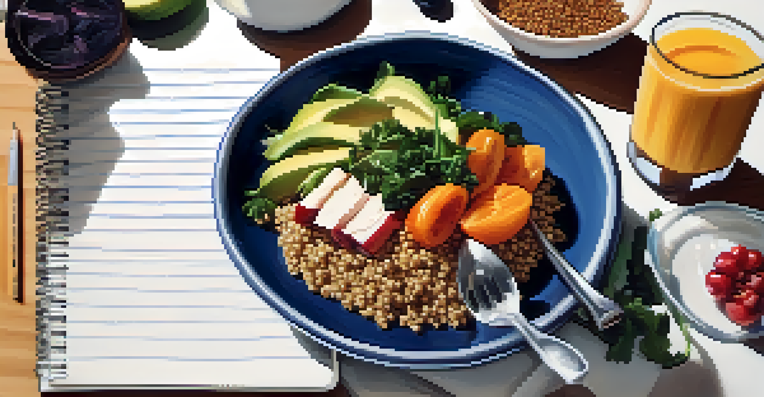 A hand writing in a food diary with healthy meals like quinoa and vegetables in the background, illuminated by warm light.
