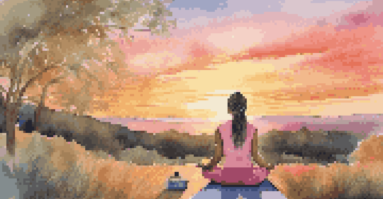 A person meditating on a yoga mat outdoors at sunset, with a roller bottle of essential oils nearby, surrounded by vibrant nature.