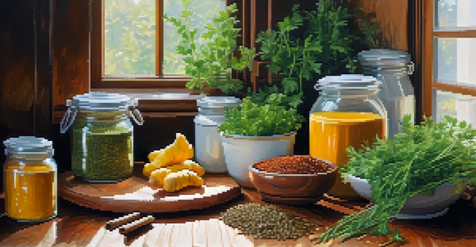 A kitchen counter filled with fresh herbs like parsley and basil, and jars of spices such as turmeric and cinnamon, illuminated by natural light.