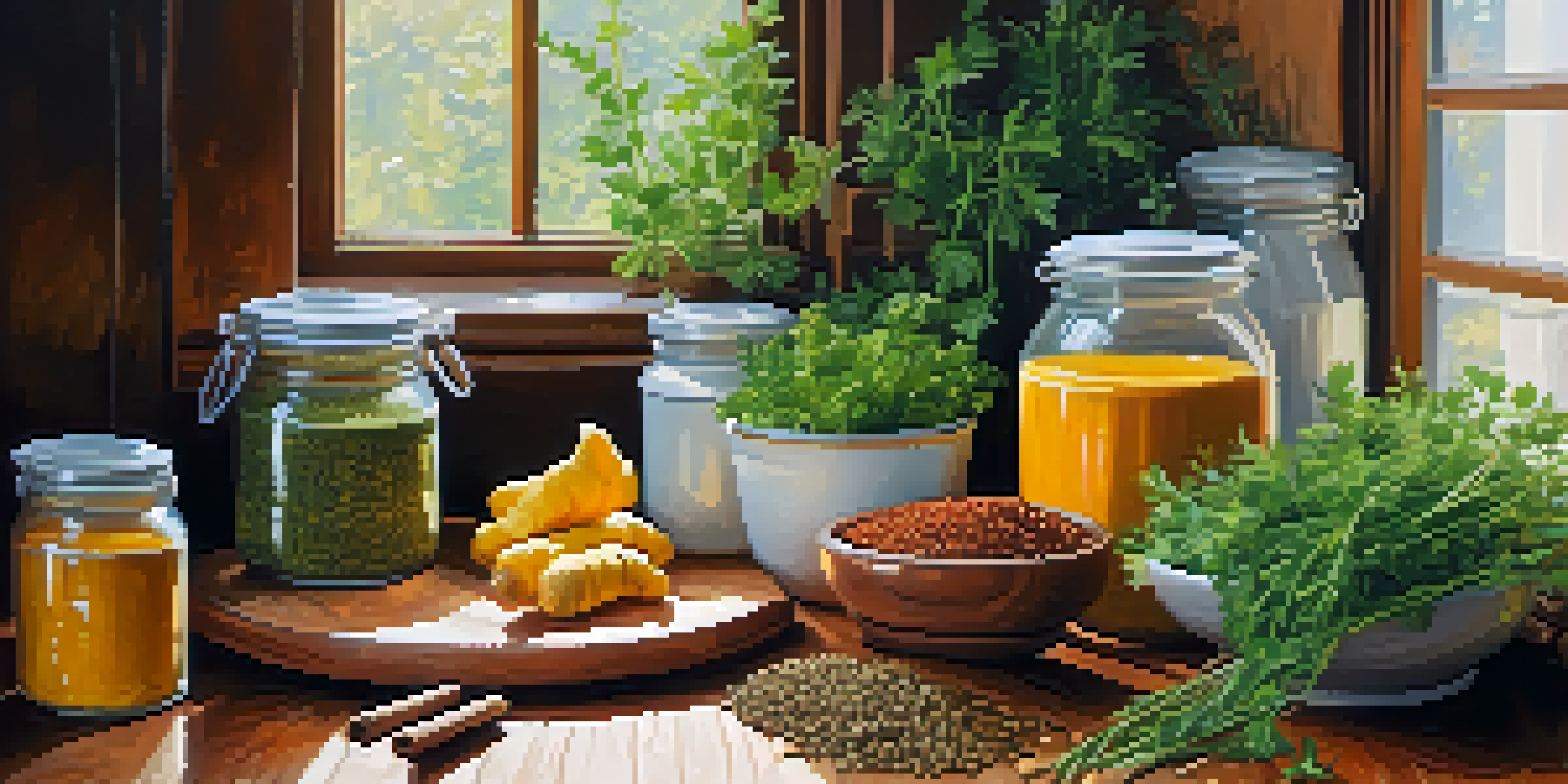 A kitchen counter filled with fresh herbs like parsley and basil, and jars of spices such as turmeric and cinnamon, illuminated by natural light.