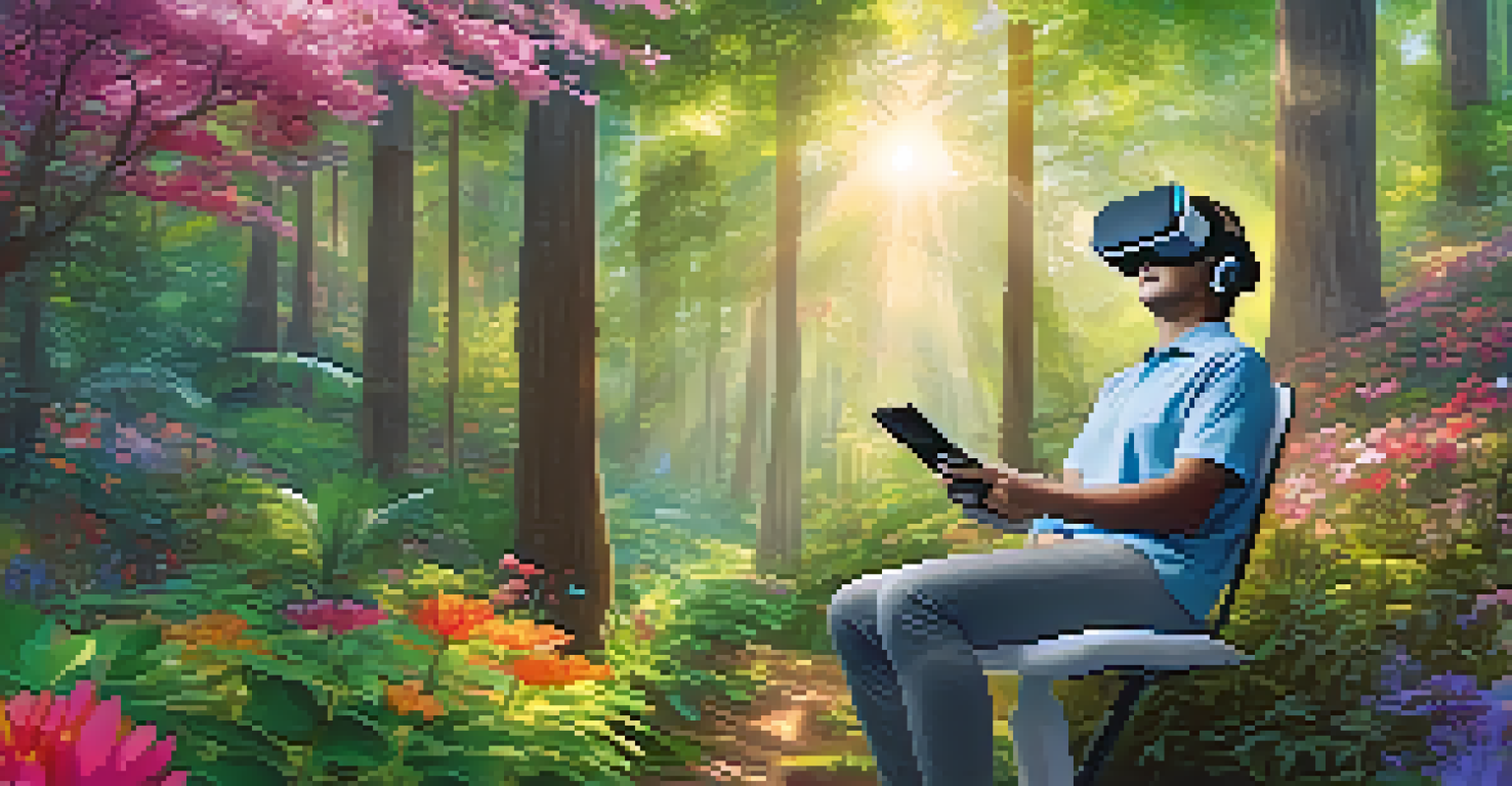 A patient in physical therapy wearing VR gear, immersed in a colorful forest environment.