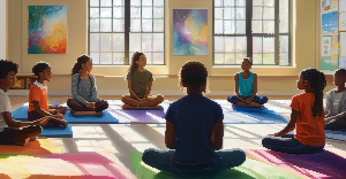 A classroom with diverse students sitting in a circle during a mindfulness workshop, with sunlight streaming through windows and colorful mental health posters on the walls.