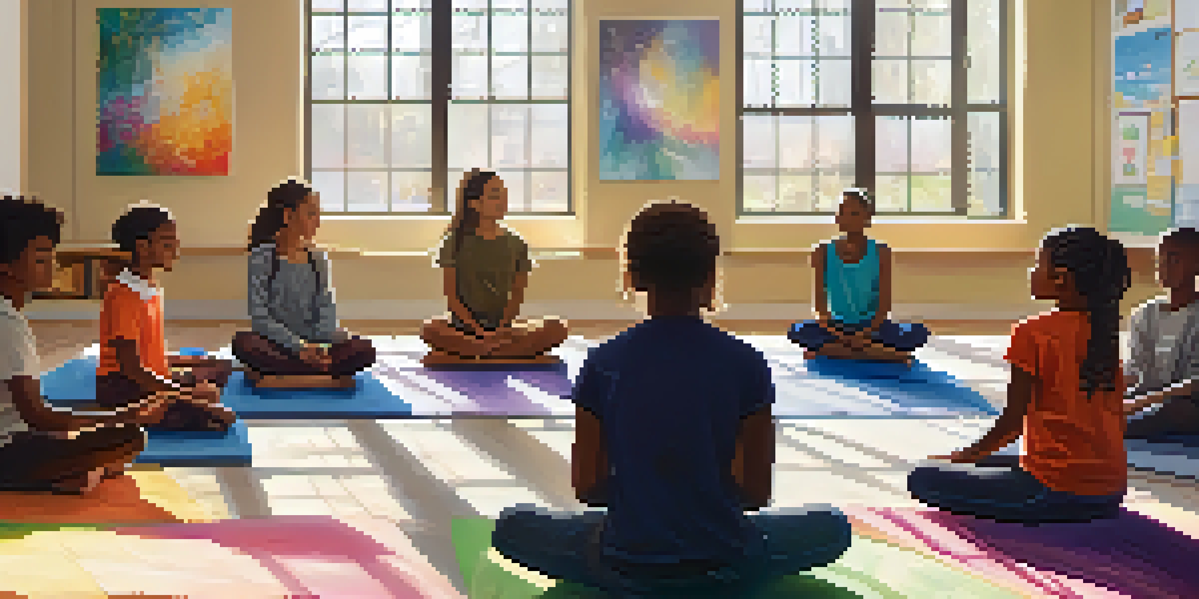 A classroom with diverse students sitting in a circle during a mindfulness workshop, with sunlight streaming through windows and colorful mental health posters on the walls.
