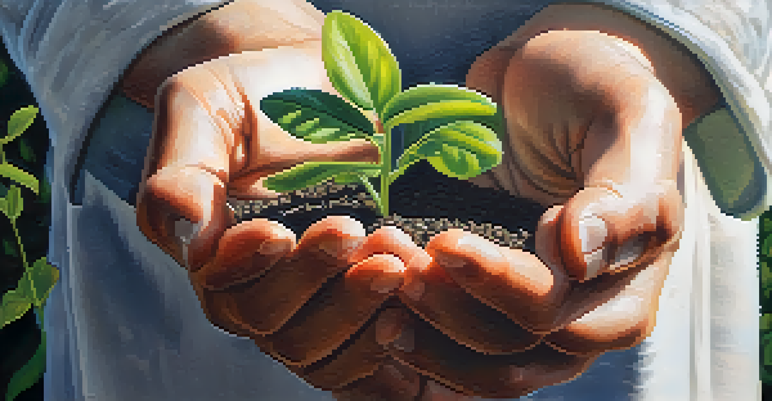 Close-up of hands nurturing a small plant, symbolizing growth and hope, illuminated by soft light.