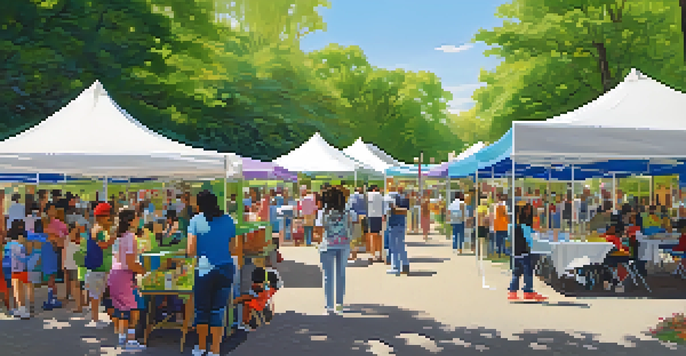 A lively community health fair in a park with colorful booths, families engaging in activities, and children playing, surrounded by greenery and sunlight.