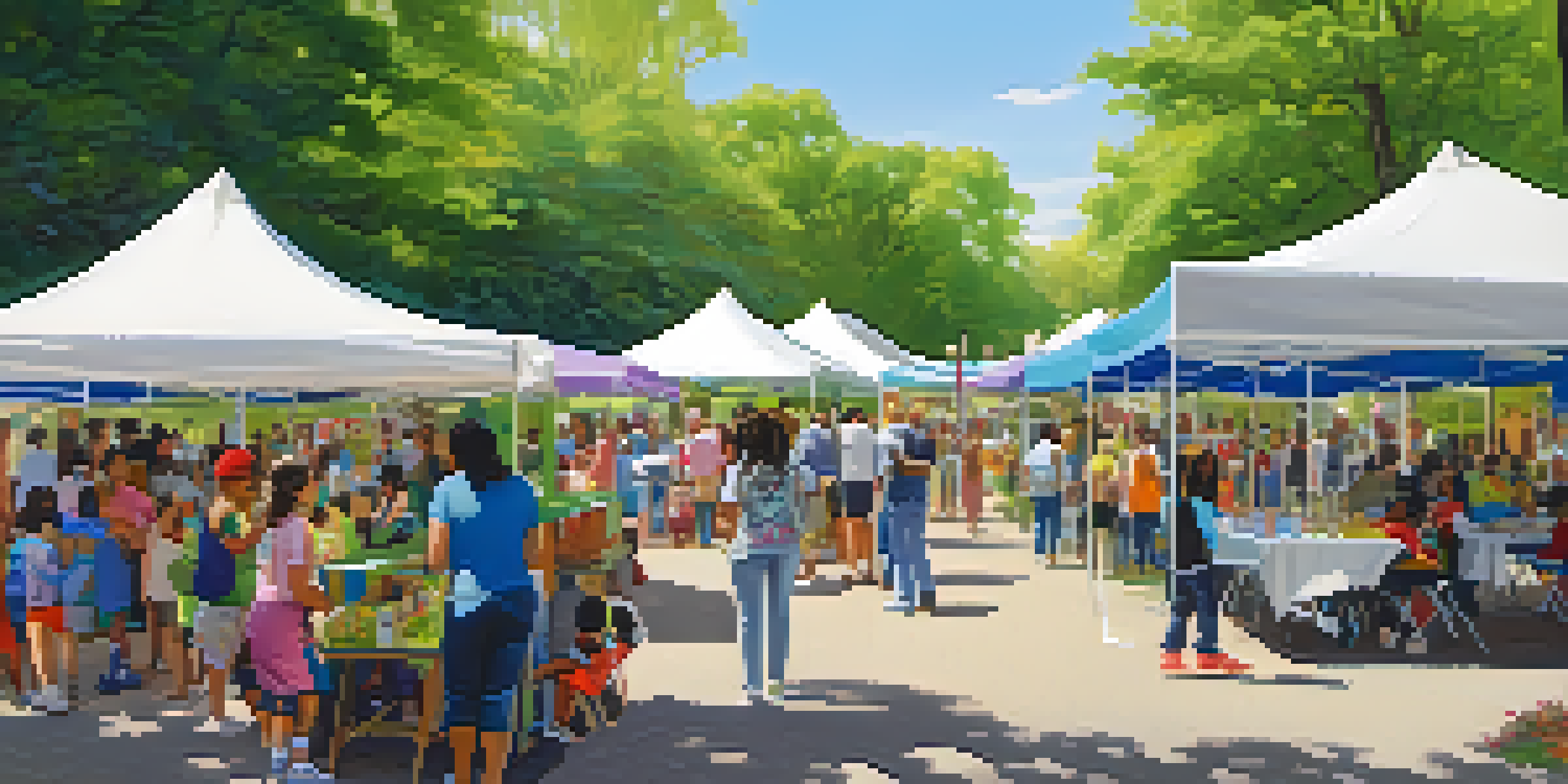 A lively community health fair in a park with colorful booths, families engaging in activities, and children playing, surrounded by greenery and sunlight.