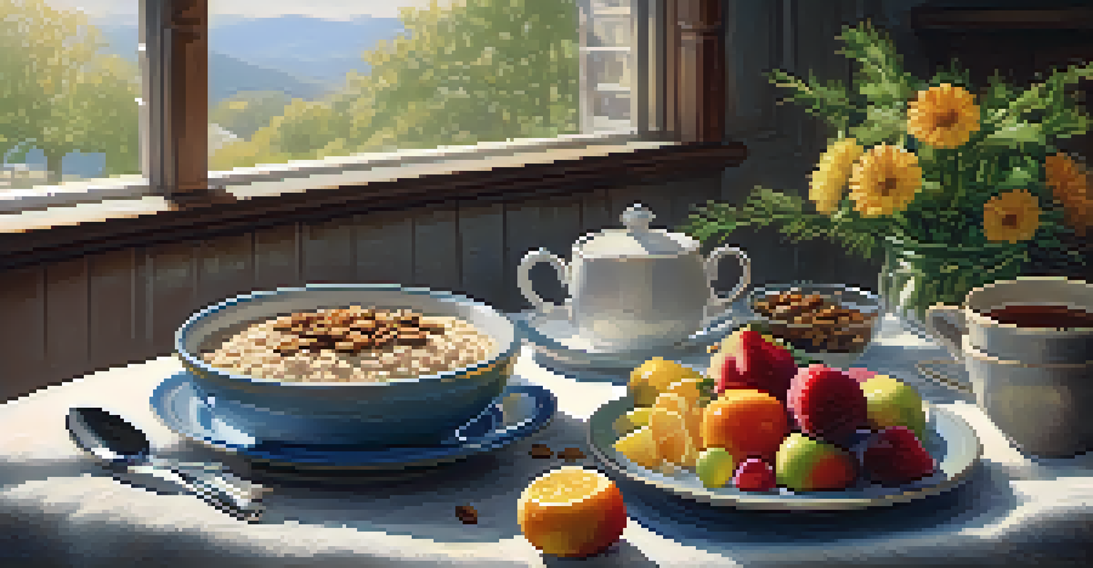 A cozy dining table with a bowl of oatmeal, fresh fruits, a cup of herbal tea, and a microwave in the background.