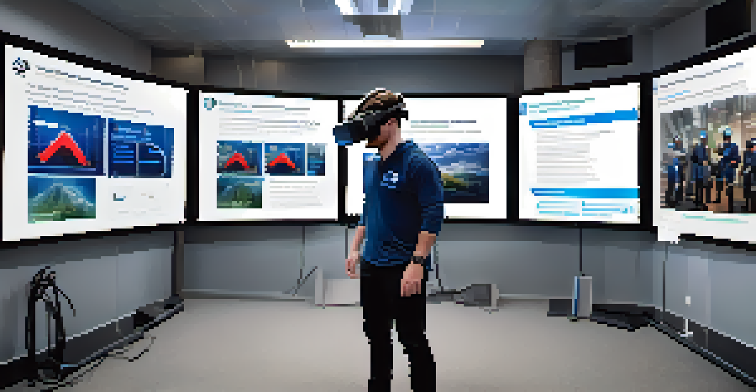 A professional engaging in virtual reality training for Crisis Intervention, surrounded by high-tech screens and simulation scenarios.