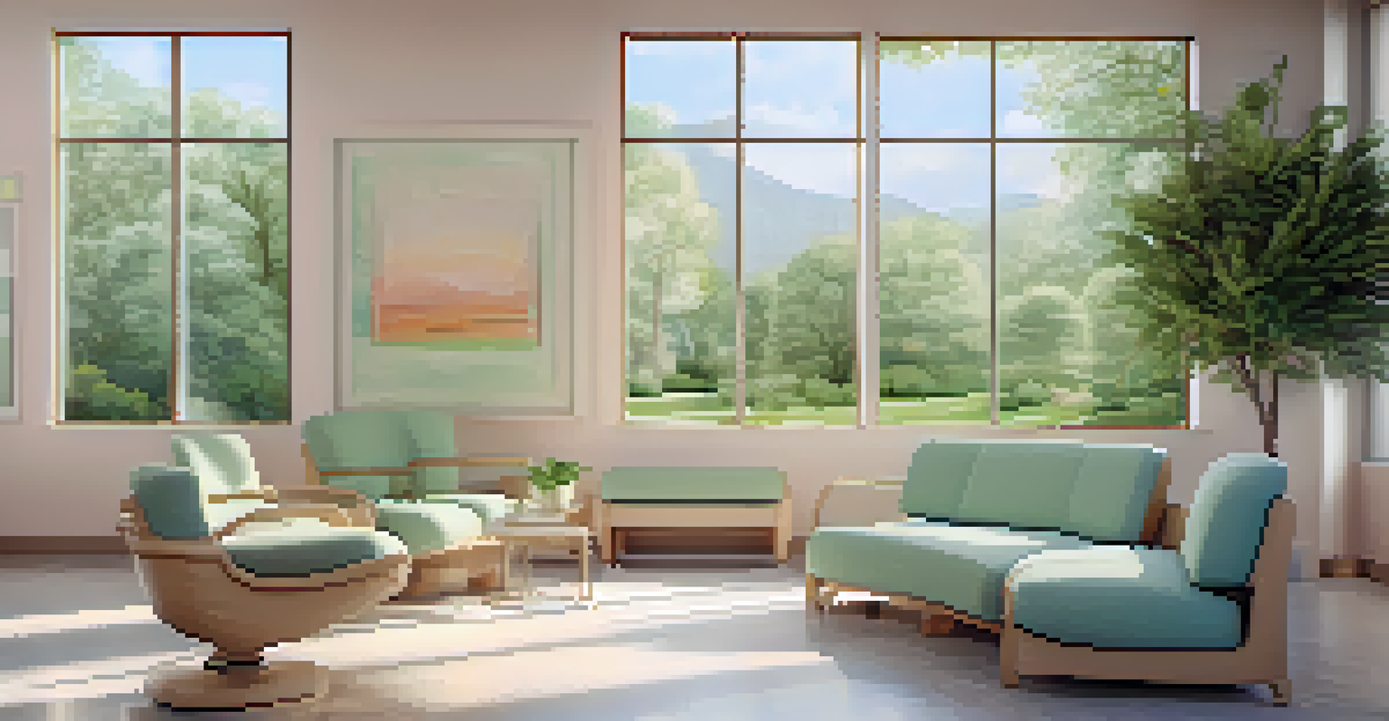 A cozy waiting room in a fertility clinic with soft colors, comfortable seats, and plants, bathed in natural light.