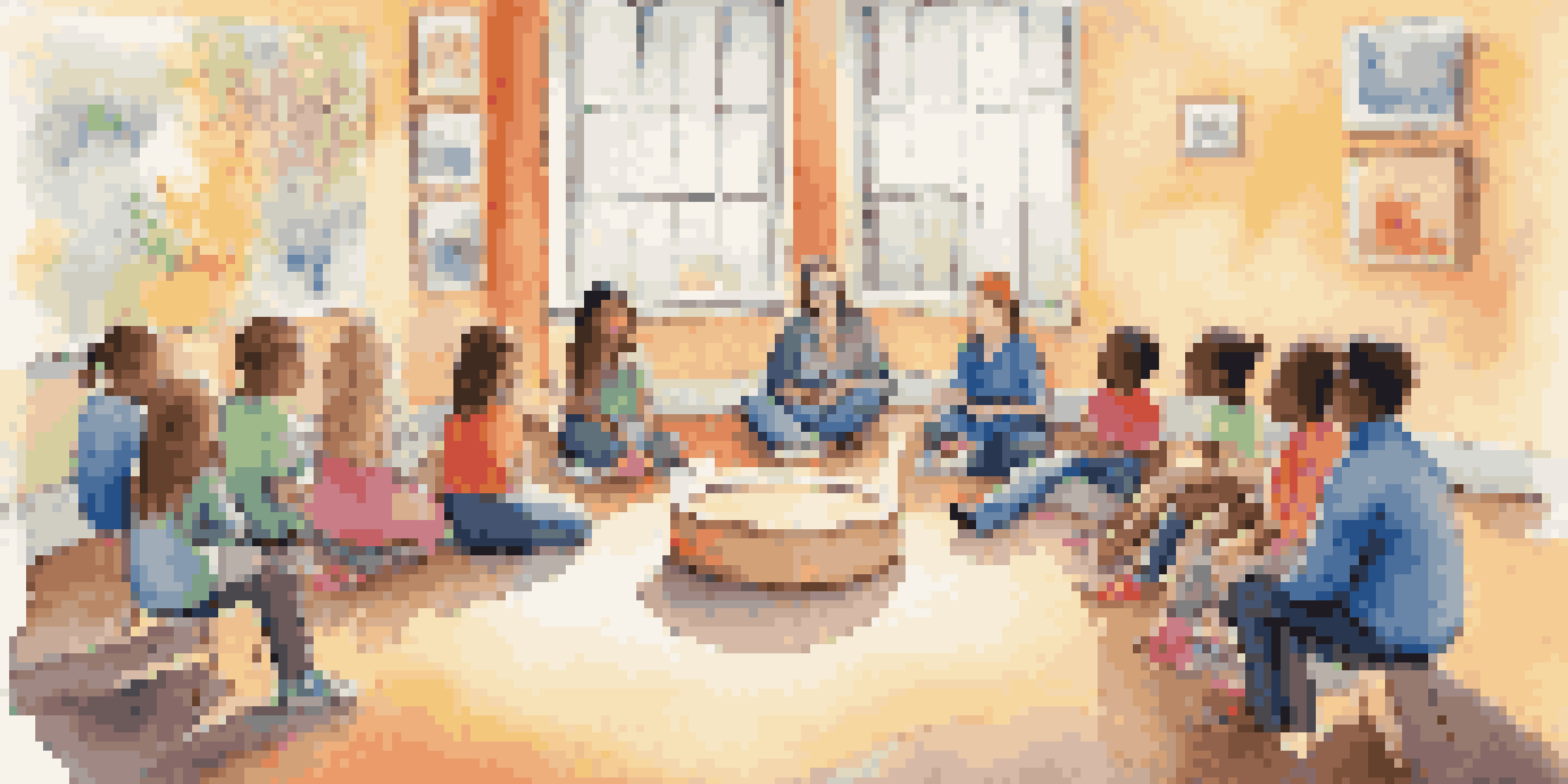 A group of children in a therapy session with a therapist, sitting in a colorful room.