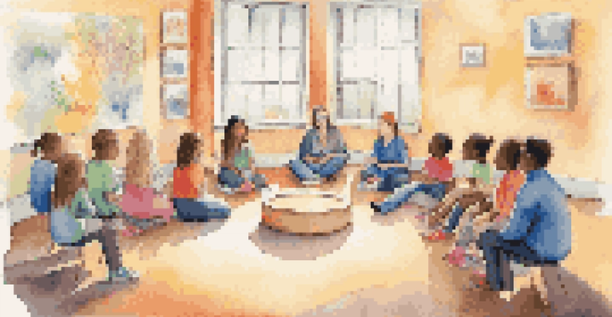 A group of children in a therapy session with a therapist, sitting in a colorful room.