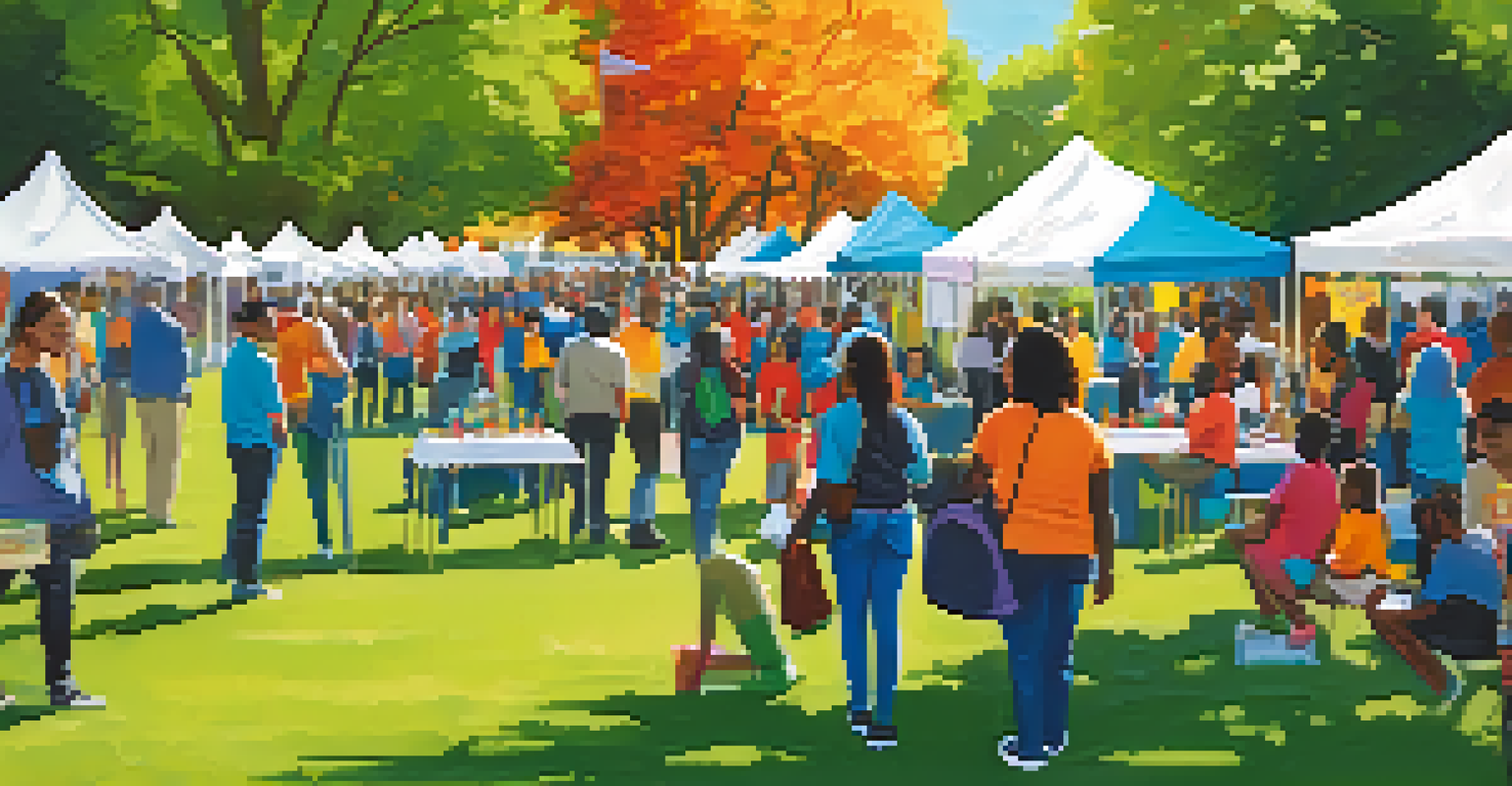 A community education event in a park with colorful banners and people engaging in discussions about mental health awareness.