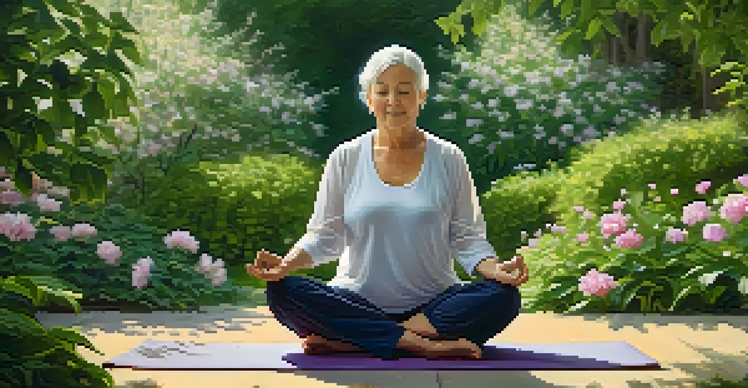 An older woman doing yoga in a garden, sitting peacefully on a mat with blooming flowers around her.