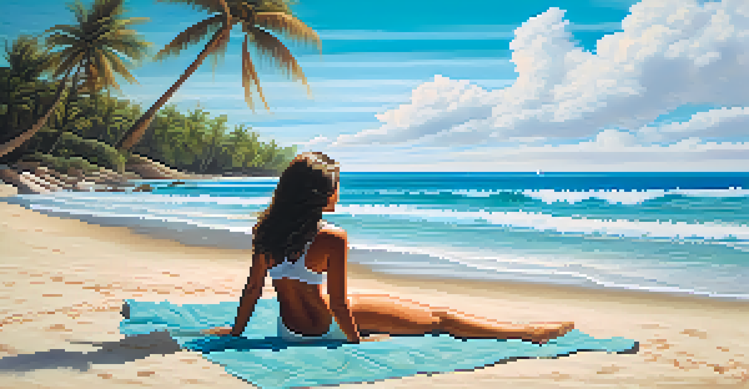 A person lying on the sand of a peaceful beach, eyes closed, with gentle waves and palm trees surrounding them.