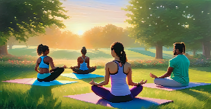 A group of friends practicing yoga outdoors during sunrise, with colorful clothing and a tranquil setting.